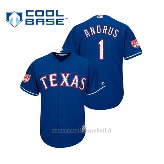 Maglia Baseball Uomo Texas Rangers Elvis Andrus Cool Base Entrenamiento De Primavera 2019 Blu